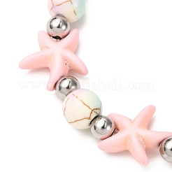 Starfish Synthetic Turquoise Beads & Brass Beads Stretch Bracelets&nbsp;BJEW-JB12417-02