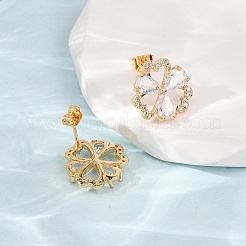 真鍮製 マイクロパヴェ キュービックジルコニア スタッドピアス 女性用  花  18KGP本金メッキ  13.5x14mm&nbsp;KK-CBACC01-07G