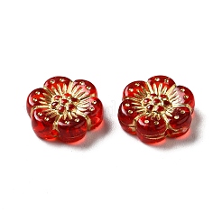 透明めっきアクリルビーズ  ゴールドライン入り  スモモの花  レッド  12~13x4mm  穴：1mm  約1150個/500g&nbsp;OACR-L013-024