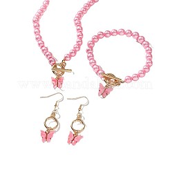 蝶のアクリルペンダントネックレス＆ブレスレット＆ピアスセット  女性用イミテーションパールビーズジュエリーセット  ピンク  15.75インチ（40cm）  16cm  50x15mm&nbsp;FS-WGE01C7-01