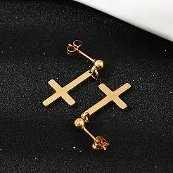 クリスチャン逆十字201ステンレススチールダングルスタッドピアス  304ステンレスピン付き  ゴールドカラー  27.5x12.5mm&nbsp;EJEW-P314-01A-G