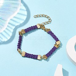 編み込みワックスポリエステルレクタングルリンクチェーンブレスレット  本物の18Kゴールドメッキ304ステンレススチール留め具付き  インディゴ  6-3/4インチ（17.3cm）&nbsp;BJEW-JB10000-03