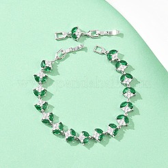 プラチナトーン真鍮マイクロパヴェキュービックジルコニアテニスブレスレット  女性用リンクブレスレット  葉  ガラスと時計バンドの留め金付き  長持ちメッキ  グリーン  8-3/4x3/8インチ（22.3x1cm）&nbsp;BJEW-B160-09P