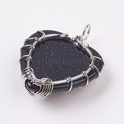 合成ブルーゴールドストーン青金砂石ペンダント  プラチナトーンの真鍮パーツ  ハート  40x31x10mm  穴：5mm&nbsp;G-L480-05G