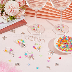 キットを作るDIYワイングラスチャーム  真鍮ワイングラスチャームリングを含む  ちょう結び合金ペンダント  アクリル文字ビーズ  アンティークシルバー  25x22x6mm  穴：1.6mm&nbsp;DIY-SC0032-20