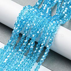 透明電気メッキガラスビーズ連売り  パール光沢メッキ  多面カット  双円錐形  ディープスカイブルー  4x4mm  穴：0.8~1mm  約75~78個/連  28~29cm&nbsp;GLAA-F029-4mm-C19