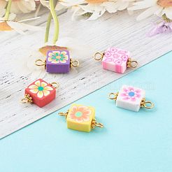 花ポリマー粘土リンクコネクター付きの正方形  304ステンレススチールアイピン付き  合金デイジースペーサービーズ  ゴールドカラー  ミックスカラー  10x19x4.5~5mm  穴：1.6~2mm&nbsp;PALLOY-JF00723