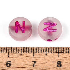 光沢のあるフロストアクリルビーズ  電気めっき  アルファベット付きフラットラウンド  暗闇で光る  文字N  10x5mm  穴：2mm  約1390個/500g&nbsp;FACR-T008-02N