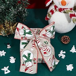 印刷されたポリエステル模造リネンラッピングリボン  クリスマス工芸品の装飾用  花弓クラフト  雪だるま模様  レッド  64x1mm  約9.95ヤード（9.1m）/ロール&nbsp;OCOR-WH0077-53