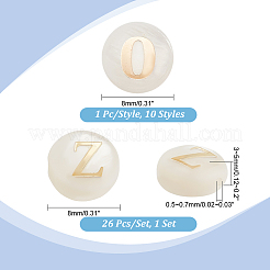 天然シェルビーズ  ゴールデントーンのメタル数字と文字のスライスが付いたフラットラウンド  貝殻色  8x3~5mm  穴：0.5~0.9mm&nbsp;SHEL-PH0001-53