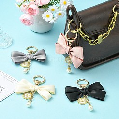 装飾用の4色の模造真珠と蝶結びとフラットラウンドいチャーム合金キーチェーン4個。  ピンク＆黒＆グレー＆白  ミックスカラー  11.5x9cm&nbsp;ST-CJ0028-04