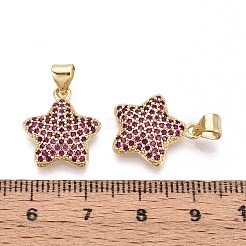 真鍮製マイクロパヴェキュービックジルコニアペンダント  スター  16KGP本金メッキ  赤ミディアム紫  17x15x3mm  穴：3~3.5x4~4.5mm&nbsp;KK-T071-136G-03