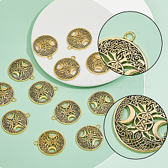 チベットスタイルの中空合金ペンダント40個  鉛フリー＆カドミウムフリー  トリプルムーンの女神とフラットラウンド  異教のアクセサリー  アンティーク黄金  39x34x1.5mm  穴：3mm&nbsp;TIBEP-FH0001-29AG