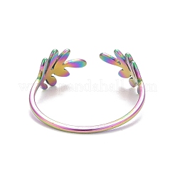 Ion Plating(IP) Rainbow Color 304 Stainless Steel Leaf Open Cuff Ring for Women&nbsp;RJEW-C025-24M