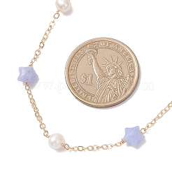 Synthetic Blue Lace Agate Star & Natural Freshwater Pearl & Brass Link Chain Necklaces&nbsp;NJEW-JN05687-02
