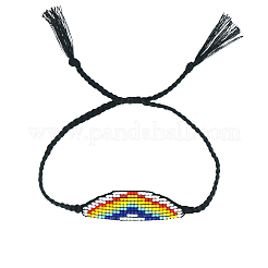 Glass Seed Wide Band with Rainbow Pattern Friendship Link Bracelet for Women&nbsp;BJEW-P269-15