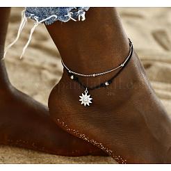 Sun Alloy Charm Waxed Cord Double Layer Anklets for Women&nbsp;FS-WG12E23-01