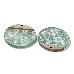 ウッドペンダント  樹脂と金箔  フラットラウンド  ダークシーグリーン  38.5x4mm  穴：2mm&nbsp;FIND-B042-19A