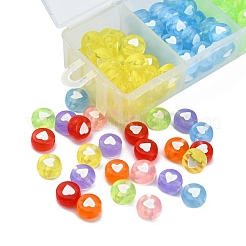 245~266個7色透明アクリルビーズ  白いハートのフラットラウンド  ミックスカラー  7x3.5mm  穴：1.8mm  約35~38PCS /カラー&nbsp;TACR-YW0001-57