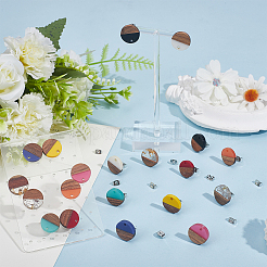 20Pcs 10 Styles Flat Round Resin & Walnut Wood Stud Earring Findings&nbsp;EJEW-AR00008