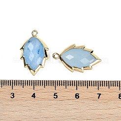 染色された天然翡翠のファセットリーフペンダント  ラックメッキ真鍮チャーム  ゴールドカラー  空色  23x13.5x5.5mm  穴：1.2mm&nbsp;G-I375-04G-17