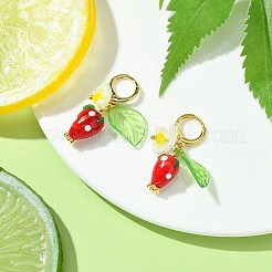 ランプワーク ストロベリー プラスチック パール フラワー ダングル レバーバック イヤリング  女性のための金メッキ真鍮ドロップイヤリング  カラフル  36mm  ピン：1x0.8mm&nbsp;EJEW-TA00130