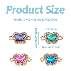 48 個 4 色合金クリスタルラインストーンコネクタチャーム  アクリルと  ライトゴールド  蝶  ミックスカラー  18x10.5mm  穴：2mm  12個/カラー&nbsp;FIND-SW0001-26