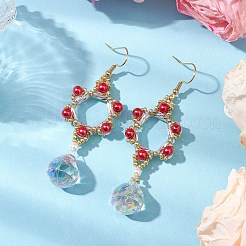 ガラスダングルピアス  アクリル模造真珠ビーズと304ステンレススチールのイヤリングワイヤー付き  花  レッド  71x23mm&nbsp;EJEW-MZ00255-02