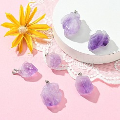 ラフ原石の天然アメジストペンダント  ナゲットチャーム  ベイルにプラチナメッキ真鍮スナップ付き  20~26x12~20x10~16mm  穴：4x4mm&nbsp;G-YW0001-32