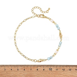 Faceted Cube Natural Larimar Brass Paperclip Chain Anklets with Natural Pearl for Women&nbsp;AJEW-AN00887