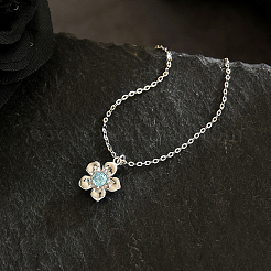 Elegant Brass Pave Deep Sky Blue Cubic Zirconia Flower Pendant Necklaces for Women&nbsp;GI3724-2