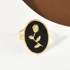 Oval with Rose Pattern 304 Stainless Steel Enamel Finger Rings for Women&nbsp;RJEW-G355-10G