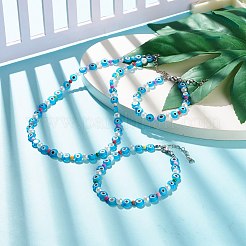 ビーズのネックレス  ブレスレット＆アンクレットセット  ランプワーク＆アクリル＆ABSプラスチックビーズ付き  304ステンレス鋼と真鍮の金具  目  ディープスカイブルー  185~453mm  3個/セット&nbsp;SJEW-JS01225