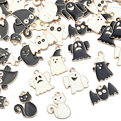 70個14スタイルハロウィンアロイエナメルペンダント  カドミウムフリー＆鉛フリー  ライトゴールド  ゴースト＆キャット＆バット  ブラック＆ホワイト  13~22x14~20x1.5mm  穴：2mm  5個/スタイル&nbsp;ENAM-CJ0002-18