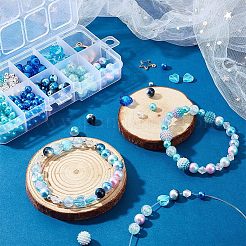 DIY惑星ブレスレット作りキット  ラウンド＆ハート＆スター＆ラウンドアクリル＆absプラスチックビーズを含む  ムーン＆スターアロイエナメルペンダント  ブルー  ペンダント：8ピース/セット&nbsp;DIY-NB0007-22