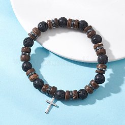 2個の調節可能な天然ココナッツ＆溶岩石＆合成溶岩石ビーズストレッチブレスレット  女性用201ステンレススチールクロスチャーム付き  ミックスカラー  内径：2.22~2.26インチ（5.65~5.75cm）&nbsp;BJEW-JB13285