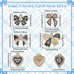 30pcs5スタイルアロイラインストーンペンダント  黒のエナメル  ちょう結び＆ハート  ゴールドカラー  14~18.5x14.5~22x2~4mm  穴：1.6~1.8mm  6個/スタイル&nbsp;FIND-SC0016-47