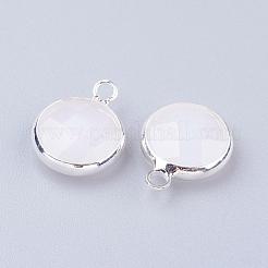 シルバーカラーメッキ真鍮ガラスフラットラウンドチャーム  多面カット  乳白色  12x8.5x3mm  穴：1.5mm&nbsp;GLAA-M003-A-31S