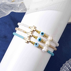ガラスビーズのブレスレット  真珠のペンダント付き  クロス  内径：2-1/8~3インチ（5.45~7.7cm）  3個/セット&nbsp;BJEW-JB10218-01