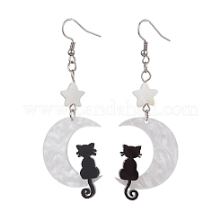 アクリルダングルピアス  シェルビーズ付き  猫と月  プラチナ  スター  76.5x26.5mm&nbsp;EJEW-JE06333-03