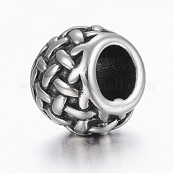304ステンレススチールバスケット織り模様ビーズ  ヨーロッパのビーズ  バレル  アンティークシルバー  9x7.5mm  穴：5mm&nbsp;LS-STAS-G153-49AS