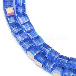 電気メッキ透明ガラスビーズ連売り  cude  多面カット  ABカラーメッキ  ブルー  5~6x5.5~6x5.5~6mm  穴：1.2mm  約95~98個/連  20.07~20.86インチ（51~53cm）&nbsp;EGLA-B011-07A-AB03