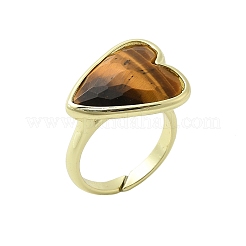Heart Brass Natural Tiger Eye Finger Rings&nbsp;X-RJEW-D304-01G-D