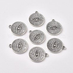 合金のチベット風チャーム  目でフラットラウンド  アンティークシルバー  20x17x2mm  穴：1mm&nbsp;PALLOY-WH0067-56AS