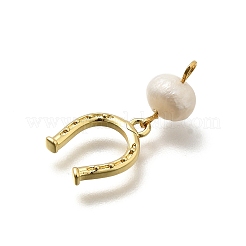 Brass & Natural Pearl Horseshoe Pendants&nbsp;KK-Z093-36G
