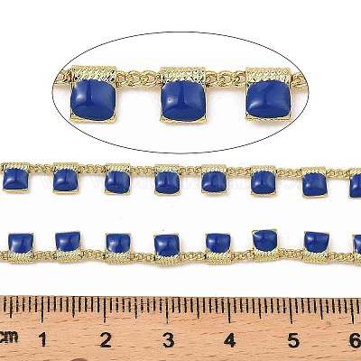 真鍮の長方形のリンク チェーン  エナメル  カドミウムフリー＆ニッケルフリー＆鉛フリー  ハンダ付け  スプールで  18KGP本金メッキ  長持ちメッキ  ブルー  4x1.5x0.7mm  10 m /ロール&nbsp;CHC-C007-03G-04-1
