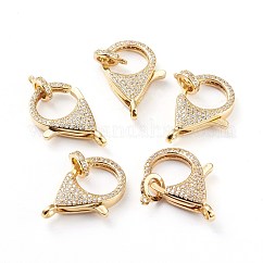 Brass Micro Pave Cubic Zirconia Lobster Claw Clasps, Cadmium Free & Lead Free, Long-Lasting Plated, Clear, Real 18K Gold Plated, 26.4x18.5x6mm, Hole: 2.8mm