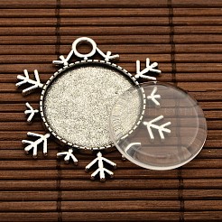 25x4 mmのドーム透明なガラスカボションとクリスマス装飾品アンティーク銀合金スノーフレークペンダントカボションのセッティングDIY  ペンダント：43x38x2mm  トレイ：25mm  穴：4mm&nbsp;DIY-X0181-AS