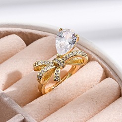 Adjustable Rack Plating Brass Clear Cubic Zirconia Finger Rings for Women&nbsp;RJEW-M028-09G