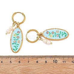 プリント入り304ステンレススチール製ハギーフープピアス  花柄とオーバル  天然養殖淡水パールビーズダングルイヤリング  ゴールドカラー  ミックスカラー  51x16mm&nbsp;EJEW-JE07394